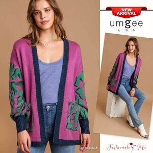 Umgee Animal Print Long Sleeves Relaxed Fit Open Front Sweater Cardigan | Green